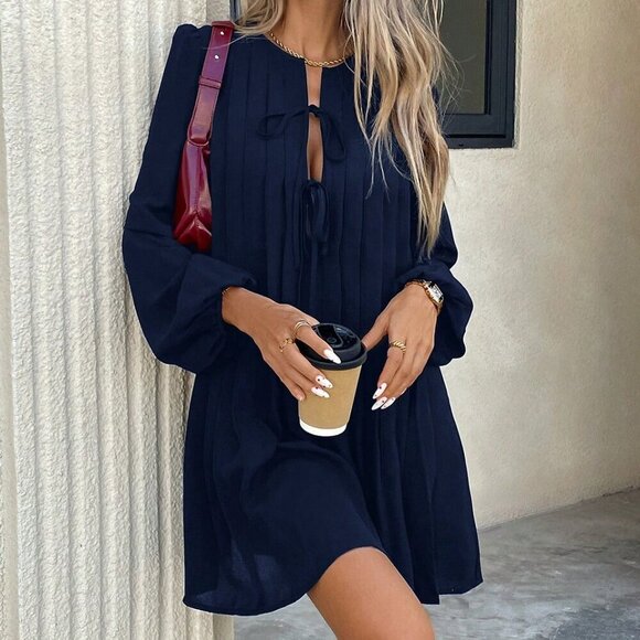 Navy Blue Casual Women's Pleated long sleeved mini Dress - Picture 4 of 6